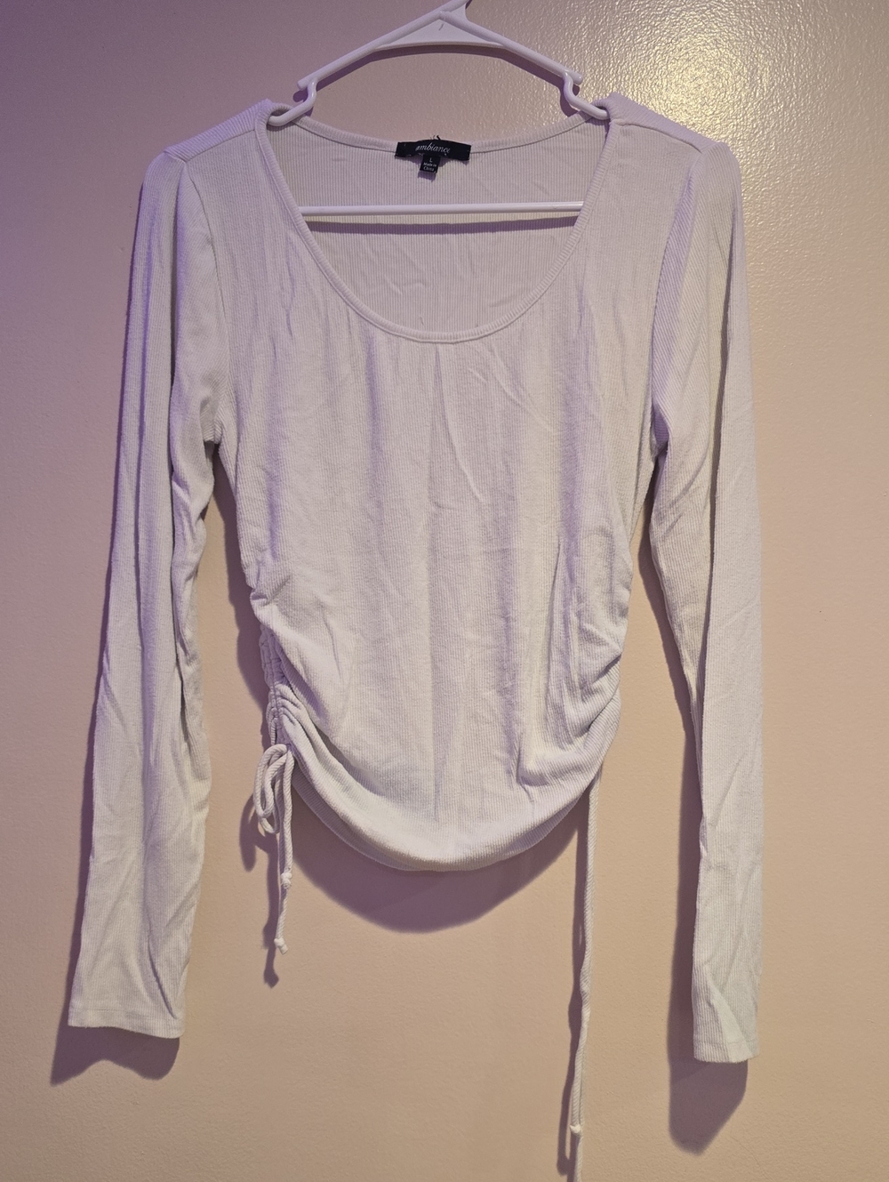 Ambiance Light Ivory Scoop Neck Long Sleeve Ruched Side Top